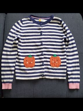 Mini Boden Navy & Cream Striped Cardigan with Orange Pumpkin Pockets